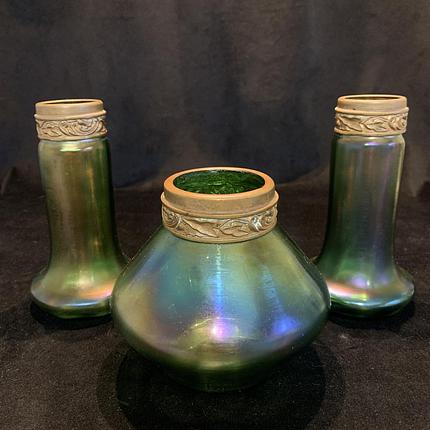 Antique Trio of Iridised Mantle Vases